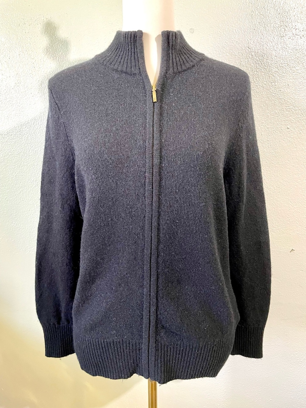 WoolOvers Lambswool Full Zip Sweater Jacket Mock Neck Black Mens Medium Heritage